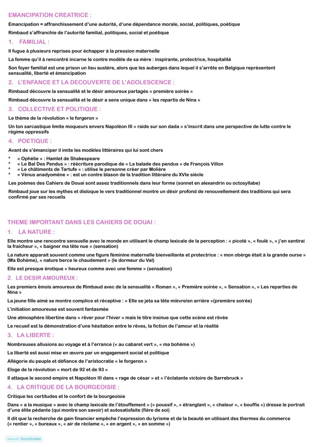 --- OCR Start ---
Français:
LES CAHIERS DE DOUAIS
Parcours: émancipation créatrice
Auteur: Arthur Rimbaud
Date: 1885
Thème: premiers émois a