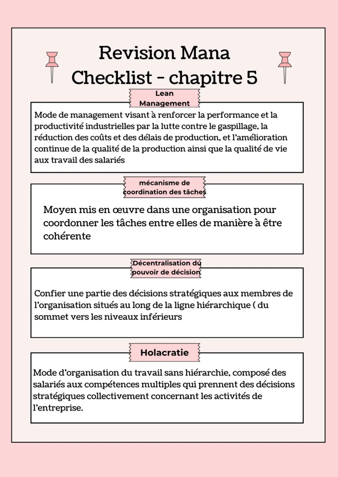 # Revision Mana
# Checklist - chapitre 5
Lean
Management
Mode de management visant à renforcer la performance et la
productivité industri