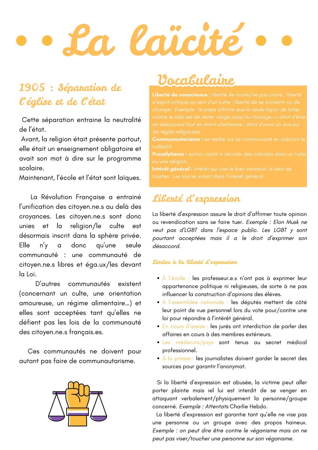 •• La laïcité..
..
1905: Séparation de
l'église et de l'état
Cette séparation entraine la neutralité
de l'état.
Avant, la religion était pr