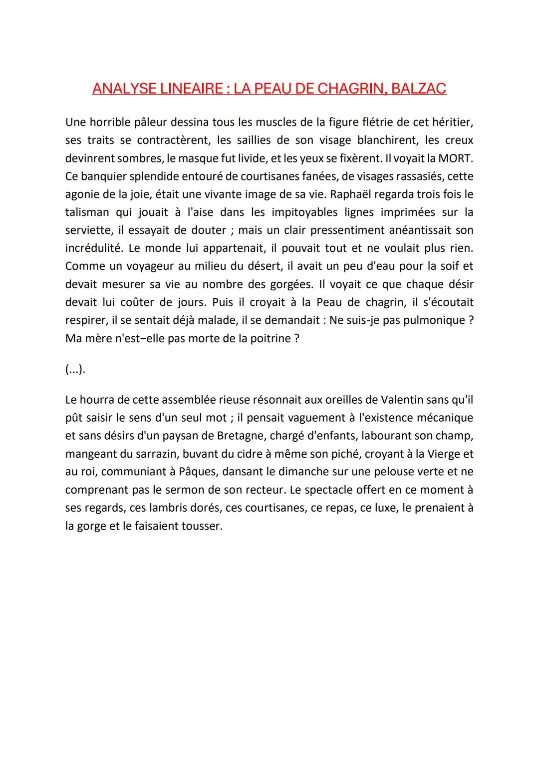 # ANALYSE LINEAIRE: LA PEAU DE CHAGRIN, BALZAC
Une horrible pâleur dessina tous les muscles de la figure flétrie de cet héritier,
ses trait