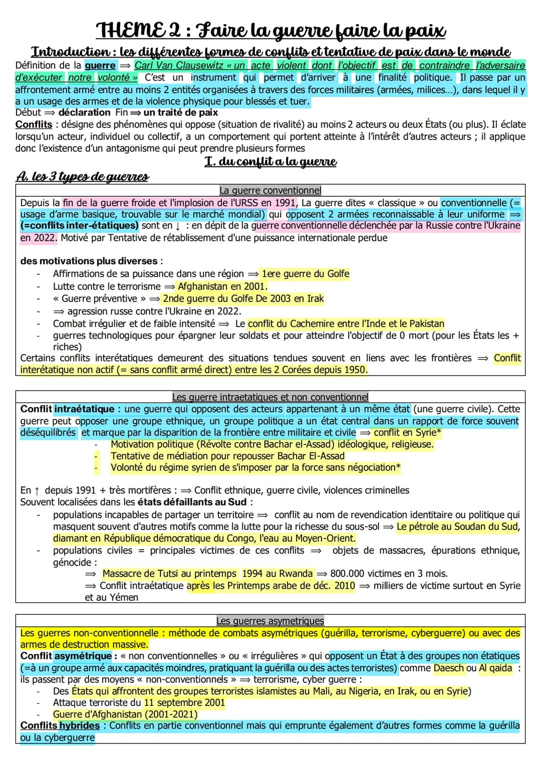 # THEME 2 : Faire la guerre faire la paix
Introduction: les différentes formes de conflits et tentative de paix dans le monde
Définition d