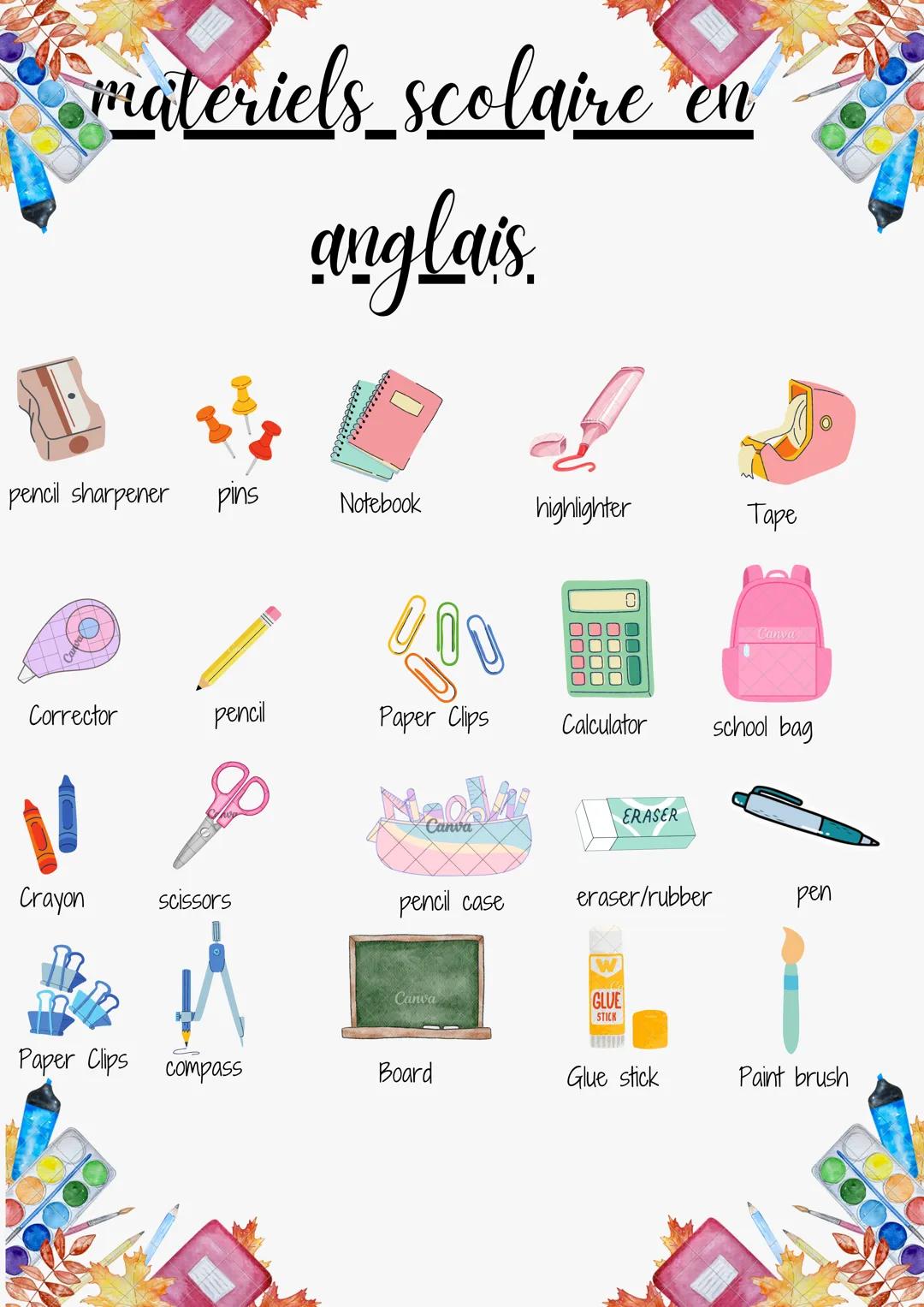 --- OCR Start ---
materiels scolaire en
anglais
Acce
pencil sharpener pins
Notebook
highlighter
Tape
C
Corrector
pencil
Paper Clips
Calculat