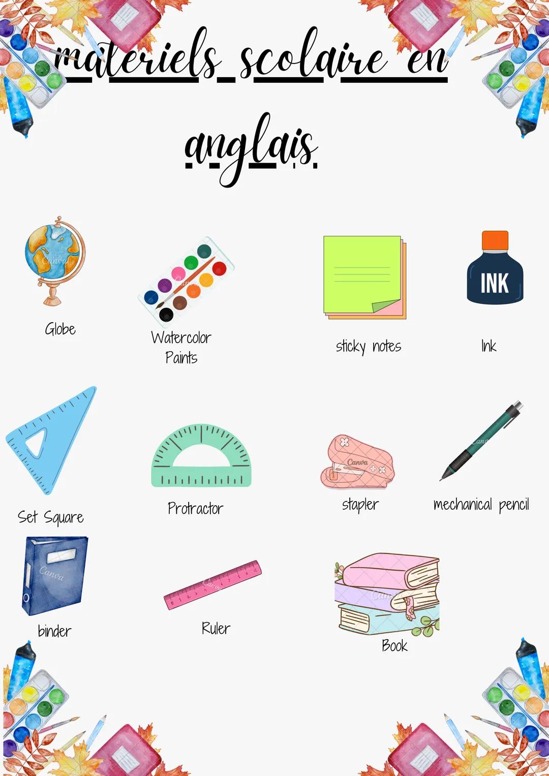 --- OCR Start ---
materiels scolaire en
anglais
Acce
pencil sharpener pins
Notebook
highlighter
Tape
C
Corrector
pencil
Paper Clips
Calculat