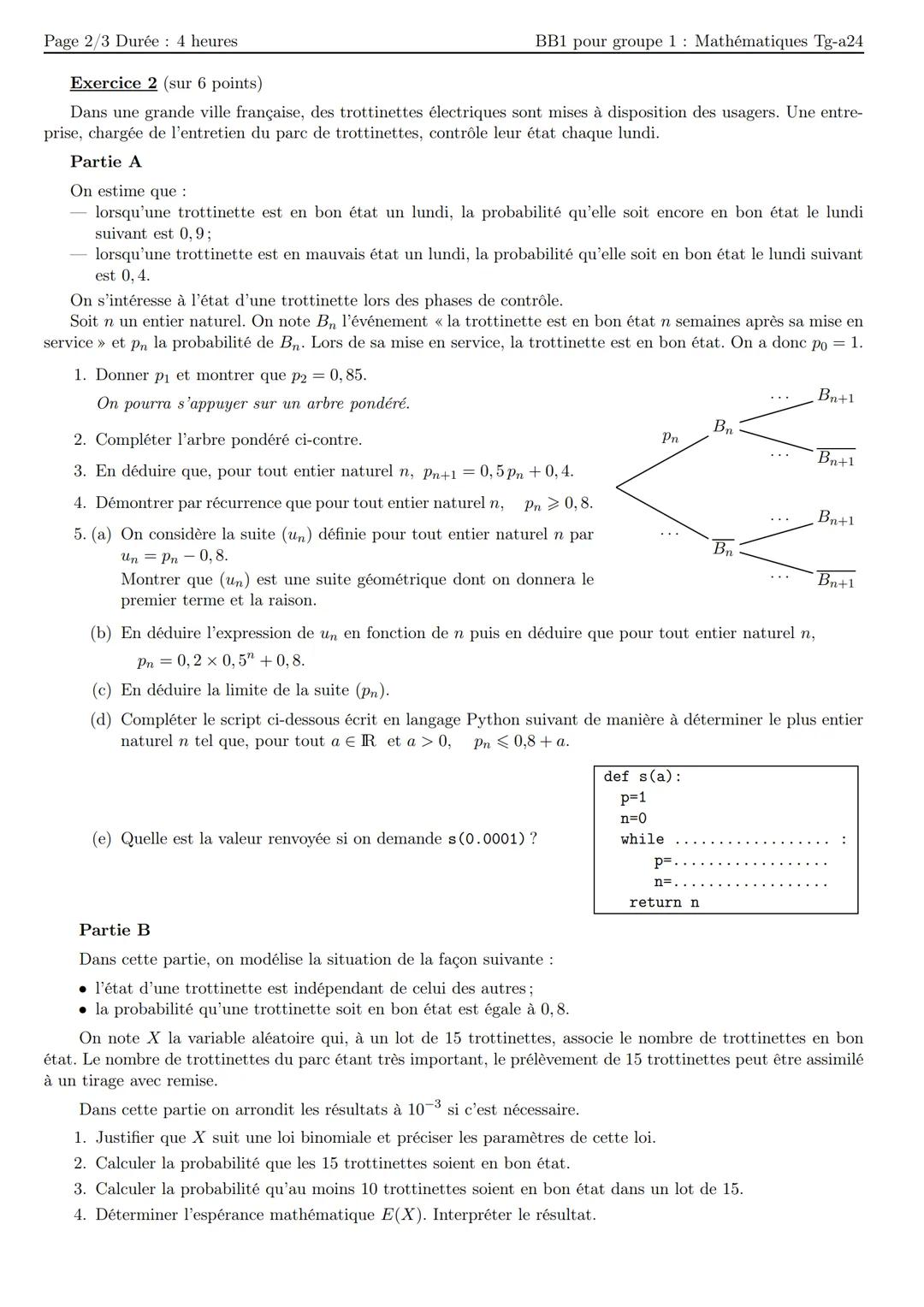 --- OCR Start ---
Page 1/3 Durée: 4 heures
BB1 pour groupe 1: Mathématiques Tg-a24
BAC BLANC SPÉCIALITÉ MATHÉMATIQUES (SUJET 1)
Nom et préno