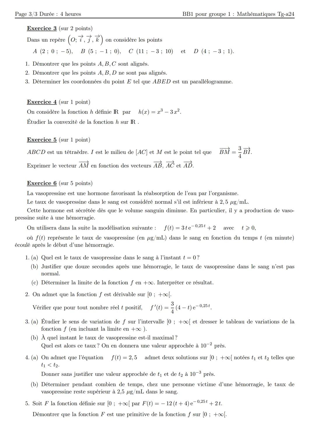 --- OCR Start ---
Page 1/3 Durée: 4 heures
BB1 pour groupe 1: Mathématiques Tg-a24
BAC BLANC SPÉCIALITÉ MATHÉMATIQUES (SUJET 1)
Nom et préno