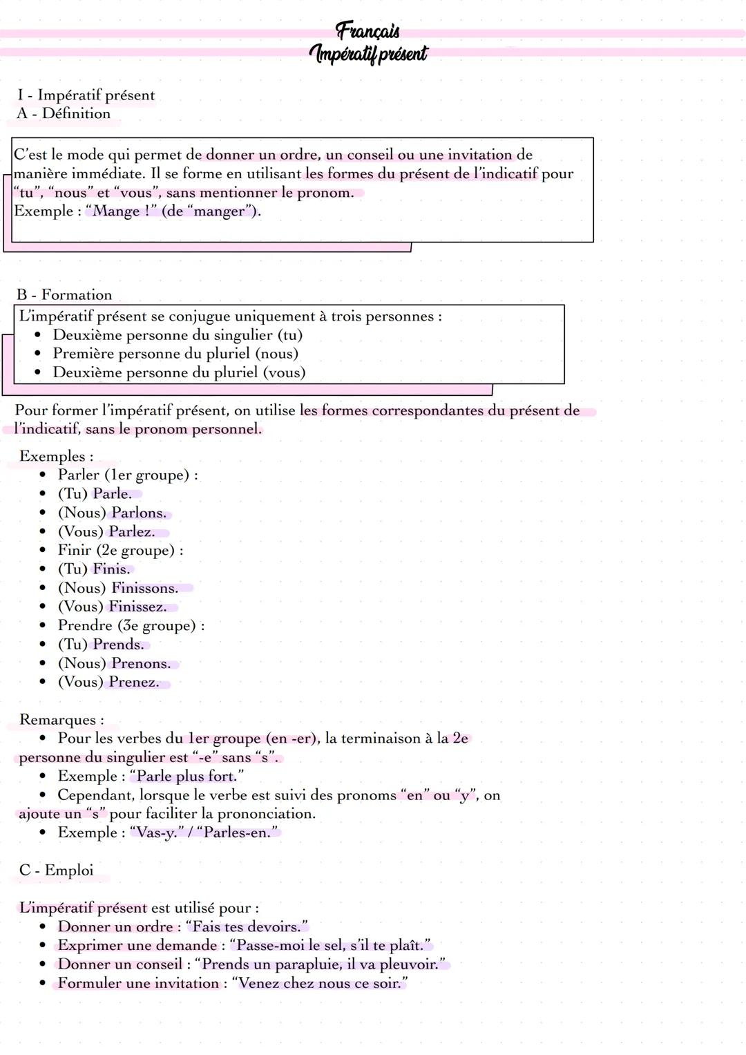 --- OCR Start ---
Français
Impératif présent
I- Impératif présent
A - Définition
C'est le mode qui permet de donner un ordre, un conseil ou