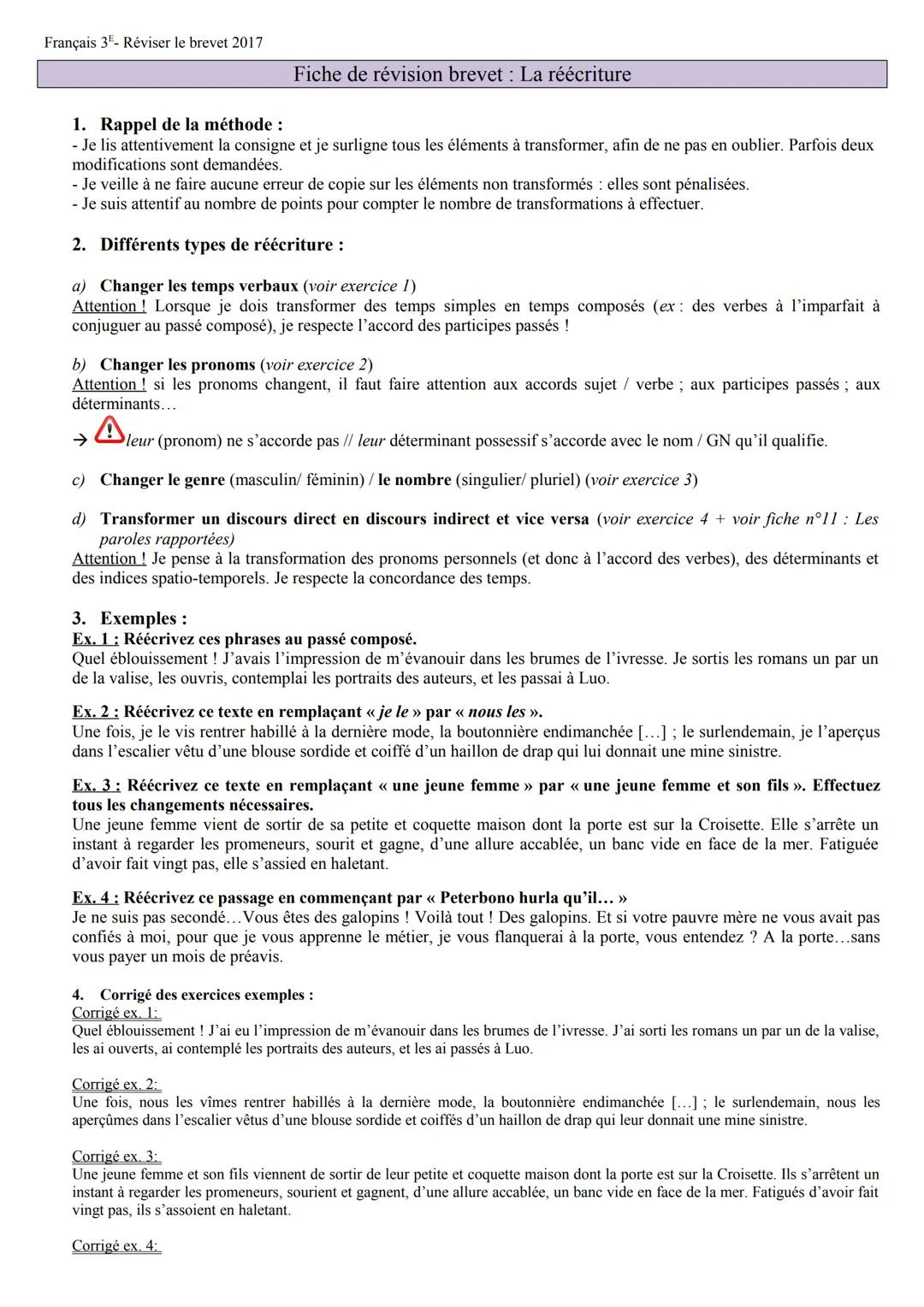 --- OCR Start ---
Français 35- Réviser le brevet 2017
1. Rappel de la méthode :
Fiche de révision brevet: La réécriture
- Je lis attentiveme