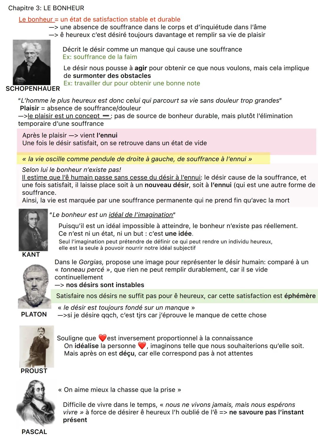 --- OCR Start ---
Chapitre 3: LE BONHEUR
Le bonheur = un état de satisfaction stable et durable
-> une absence de souffrance dans le corps e