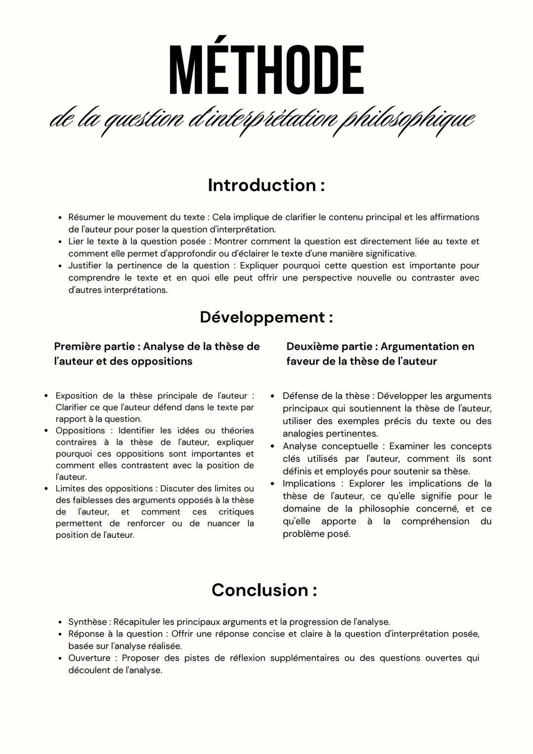 --- OCR Start ---
MÉTHODE
de la question d'interprétation philosophique
Introduction:
- Résumer le mouvement du texte: Cela implique de clar