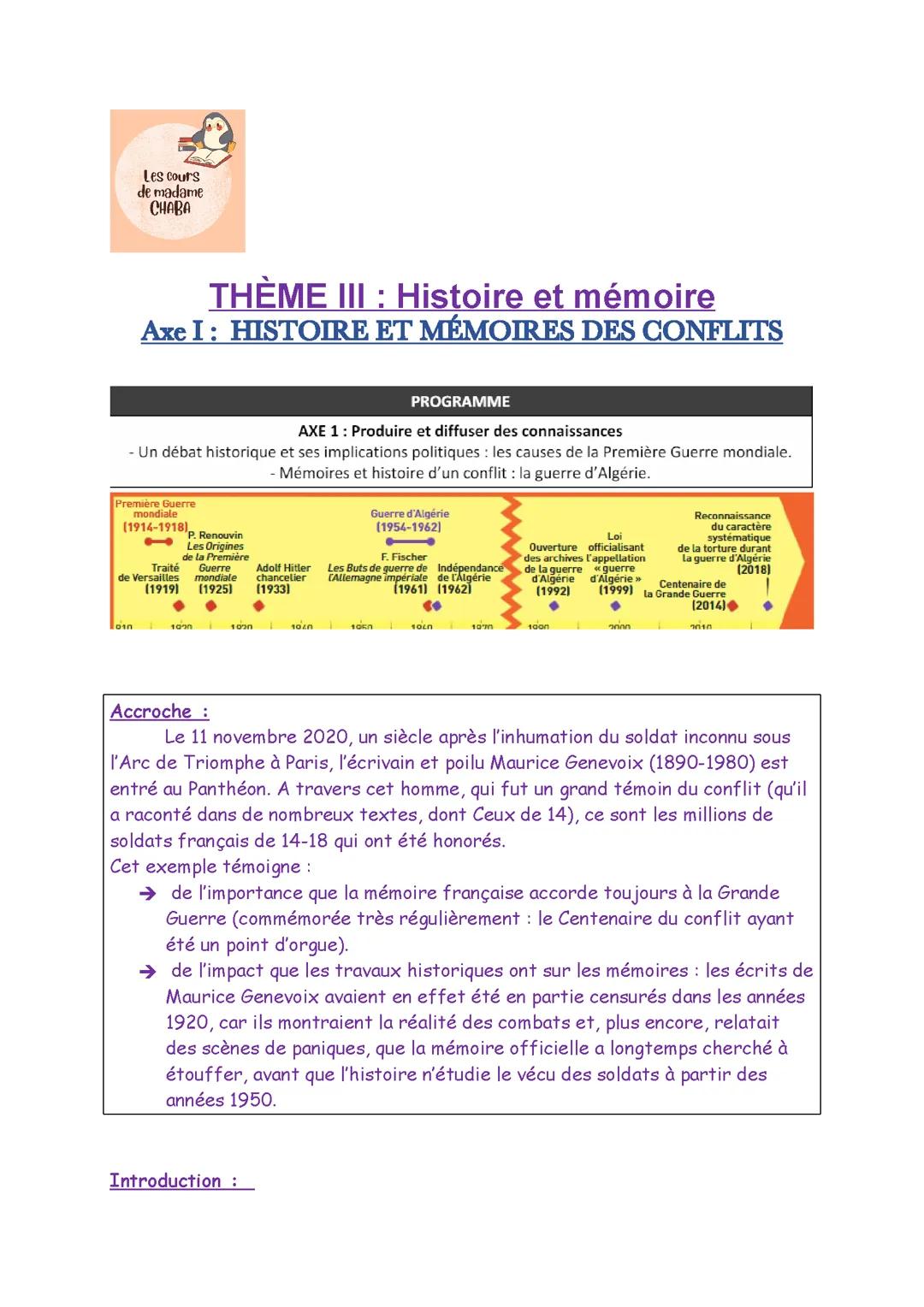 Thème III : Histoire et mémoire