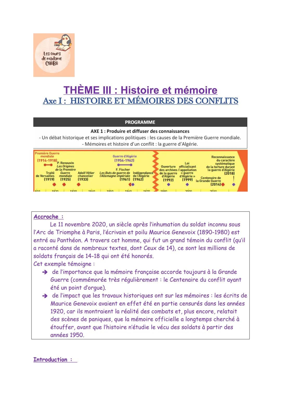 --- OCR Start ---
Les cours
de madame
CHABA
THÈME III : Histoire et mémoire
Axe I: HISTOIRE ET MÉMOIRES DES CONFLITS
PROGRAMME
AXE 1: Produi