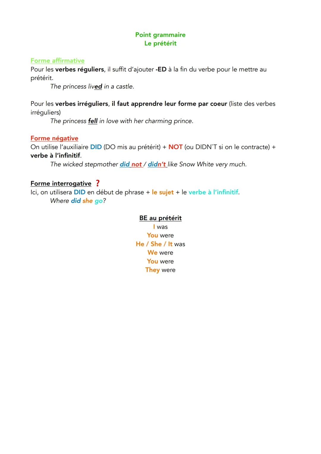 --- OCR Start ---
Forme affirmative
Point grammaire
Le prétérit
Pour les verbes réguliers, il suffit d'ajouter -ED à la fin du verbe pour le