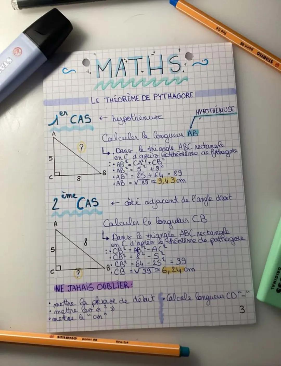 MATHS AT. HS:~~
LE THÉORÈME DE PYTHAGORE
1$^{er}$ CAS ← hypothénuse
Calculer la longueur AB
HYPOTHENUSE
L. Dans le triangle ABC rectangle
