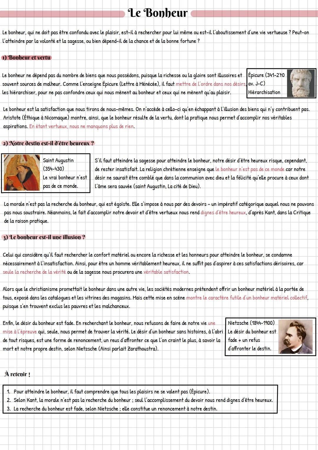 # Le Bonheur
Le bonheur, qui ne doit pas être confondu avec le plaisir, est-il à rechercher pour lui même ou est-il l'aboutissement d'une vi