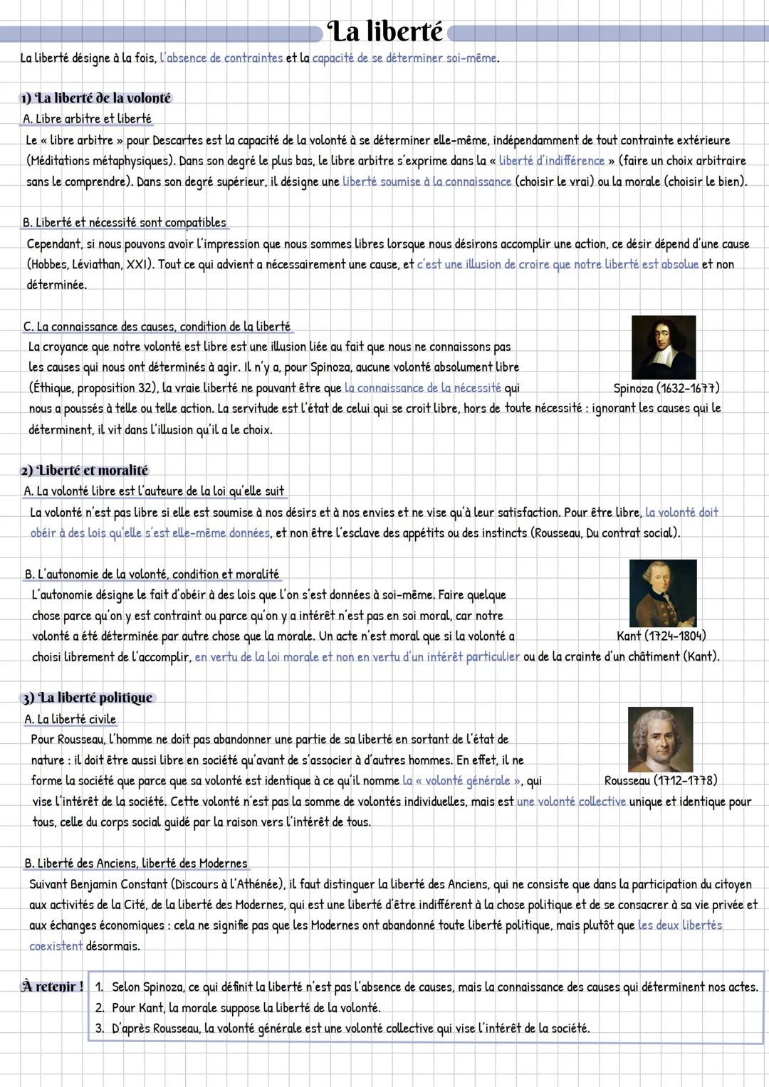 --- OCR Start ---
La liberté
La liberté désigne à la fois, l'absence de contraintes et la capacité de se déterminer soi-même.
1) La liberté