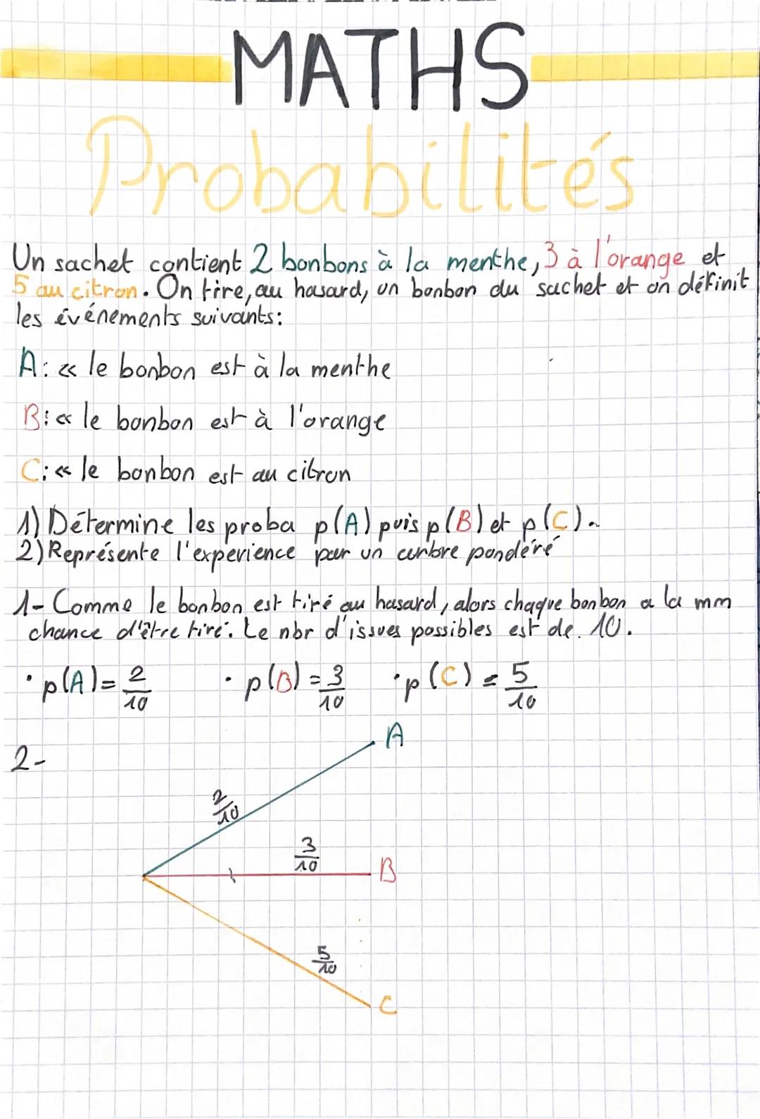 # MATHS
# Probabilités
Un sachet contient 2 bonbons à la menthe, 3 à l'orange et
5 au citron. On fire, au hasard, un bonbon du sachet et o