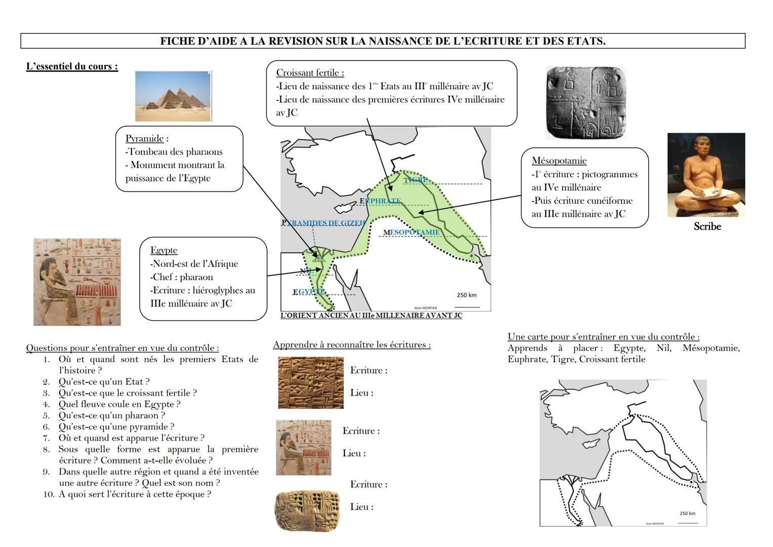 # FICHE D'AIDE A LA REVISION SUR LA NAISSANCE DE L'ECRITURE ET DES ETATS.
L'essentiel du cours :
Croissant fertile :
-Lieu de naissance de