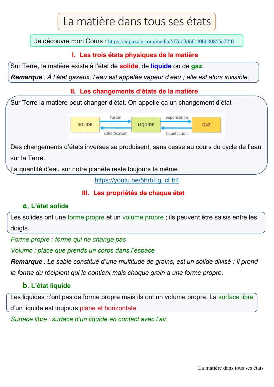 # La matière dans tous ses états
Je découvre mon Cours: https://edpuzzle.com/media/5f7dd3d6f140bb40855c22f0
I. Les trois états physiques d