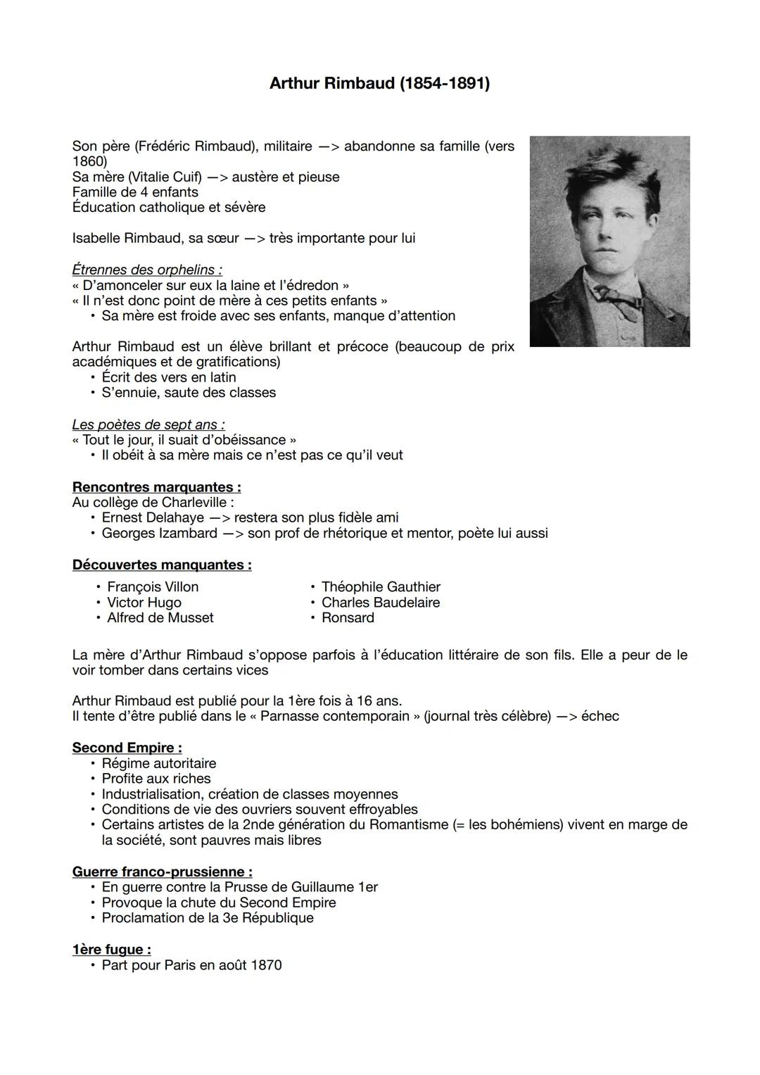 # Arthur Rimbaud (1854-1891)
Son père (Frédéric Rimbaud), militaire -> abandonne sa famille (vers
1860)
Sa mère (Vitalie Cuif) -> austère e