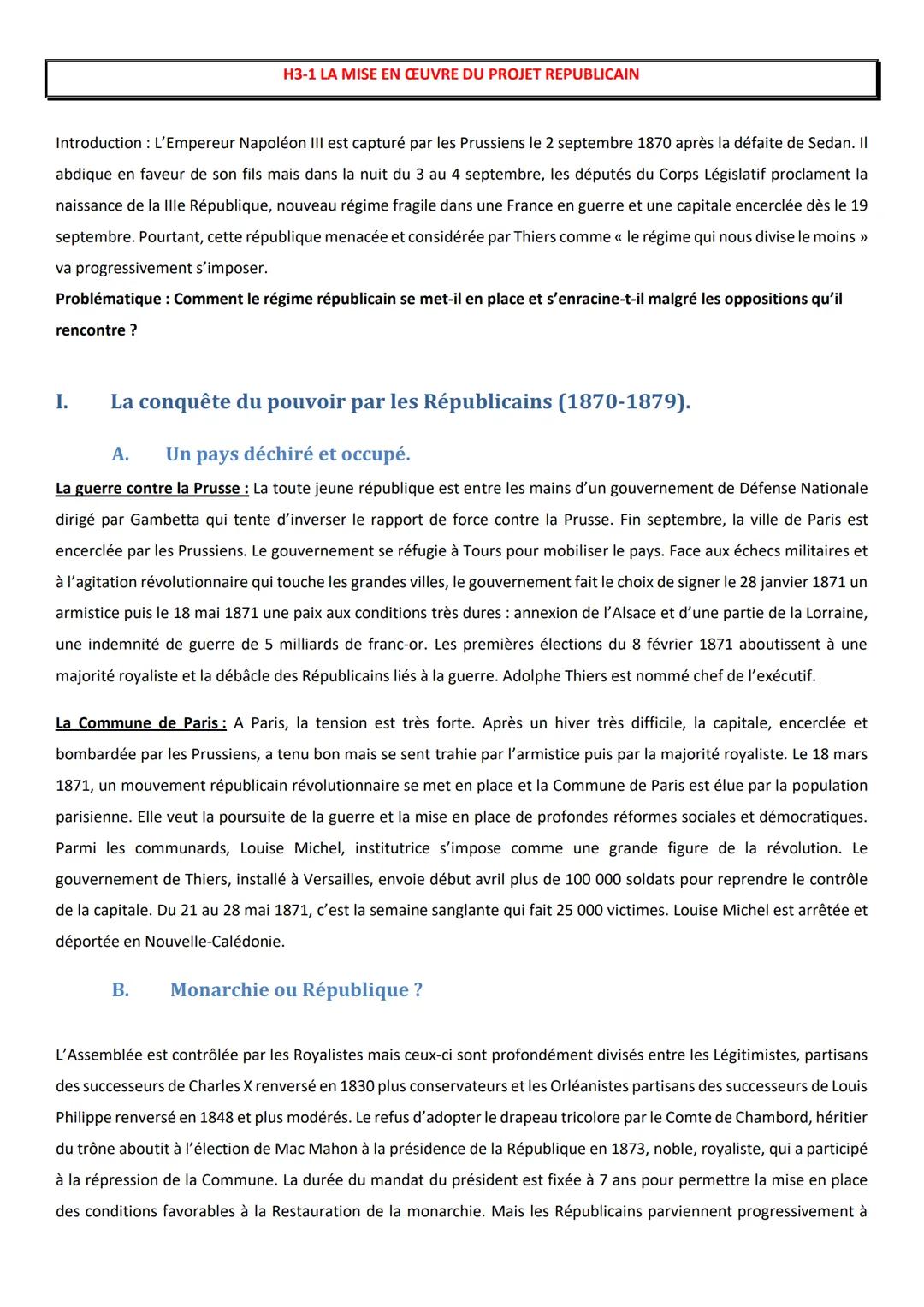 H3-1 LA MISE EN ŒUVRE DU PROJET REPUBLICAIN
Introduction: L'Empereur Napoléon III est capturé par les Prussiens le 2 septembre 1870 après la