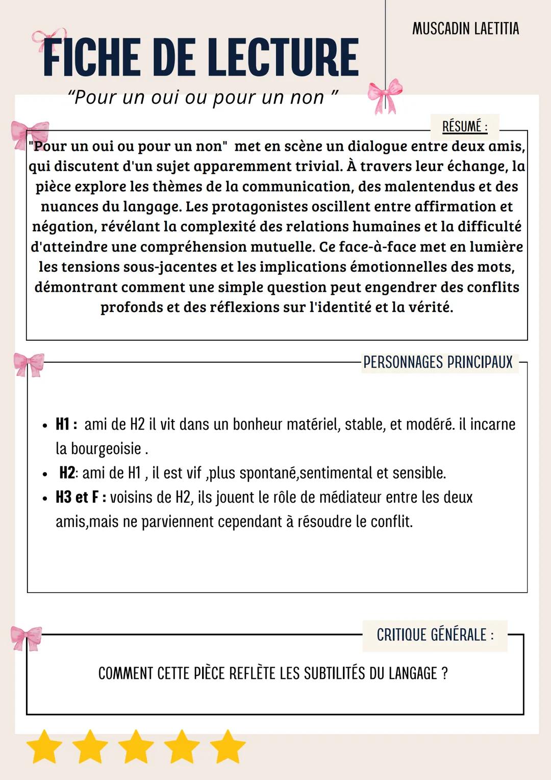 # FICHE DE LECTURE
MUSCADIN LAETITIA
TITRE:
POUR UN OUI OU POUR UN NON
DATE DE
PARUTION:
1982()1981()
GENRE & MOUVEMENT
LITTÉRAIRE
Th