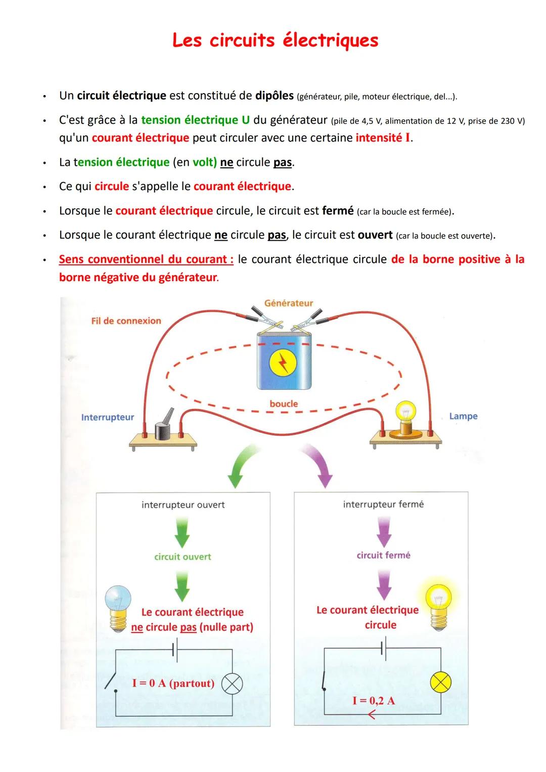 # Les circuits électriques
- Un circuit électrique est constitué de dipôles (générateur, pile, moteur électrique, del...).
- C'est grâce à