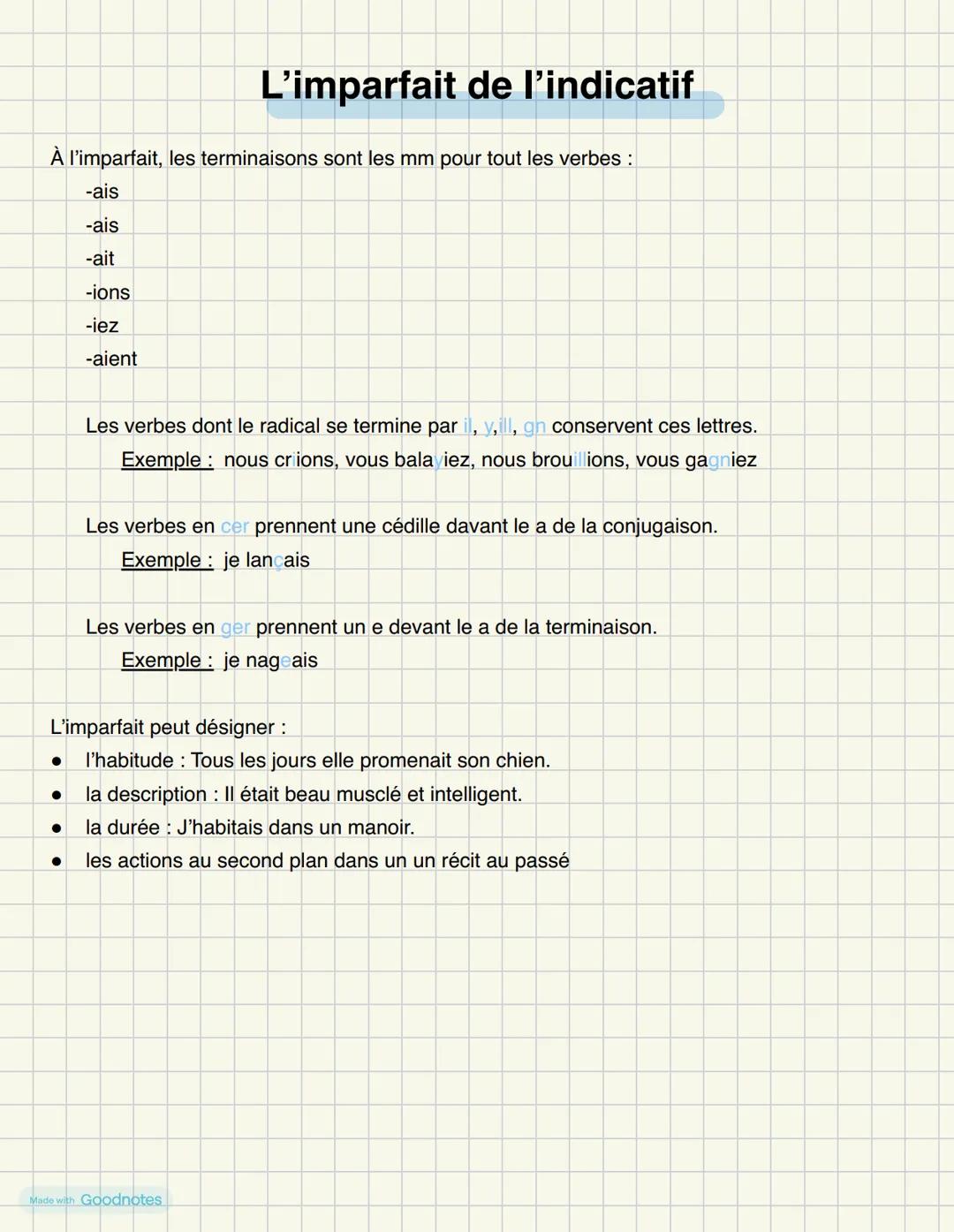L'imparfait de l'indicatif
À l'imparfait, les terminaisons sont les mm pour tout les verbes :
-ais
-ais
-ait
-ions
-iez
-aient
Les verbes do