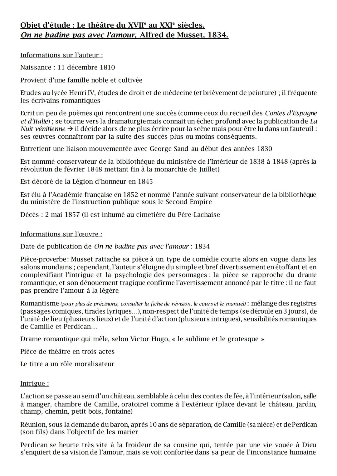 --- OCR Start ---
Objet d'étude: Le théâtre du XVIIe au XXIe siècles.
On ne badine pas avec l'amour, Alfred de Musset, 1834.
Informations su