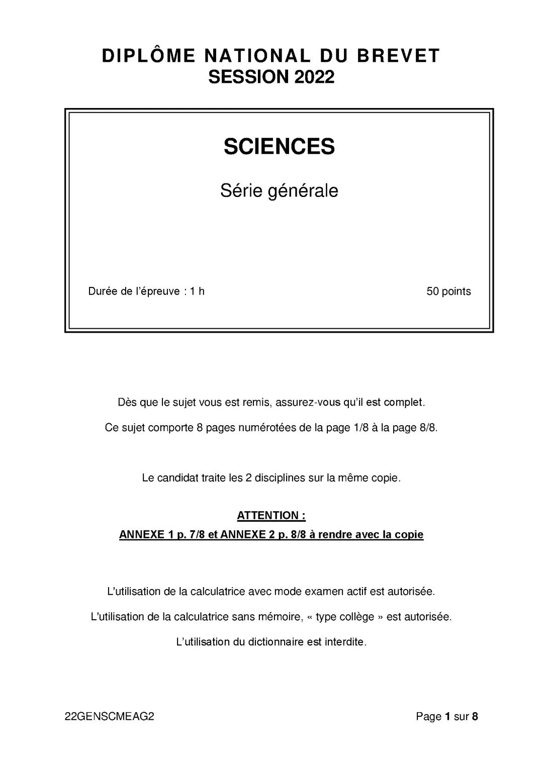 Brevet 2022, sciences