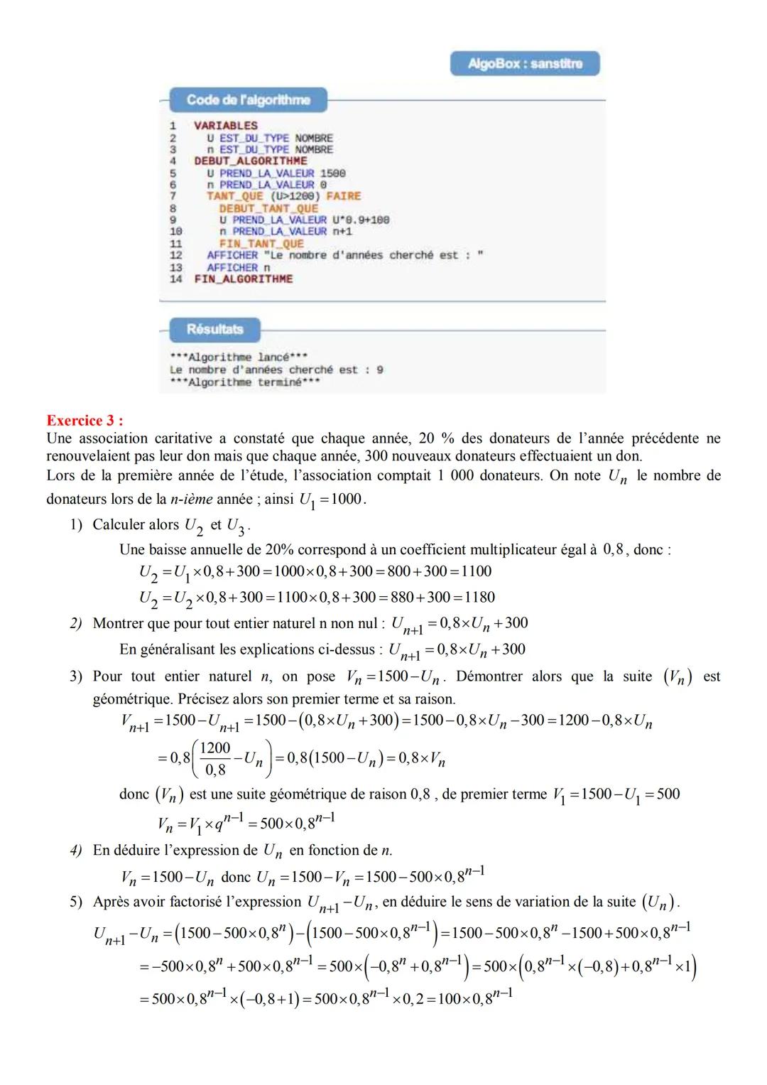 # Notre Dame de La Merci
Exercices sur les suites arithmético-géométriques - CORRIGES en deuxième partie
Exercice 1:
Dans un pays, un orga