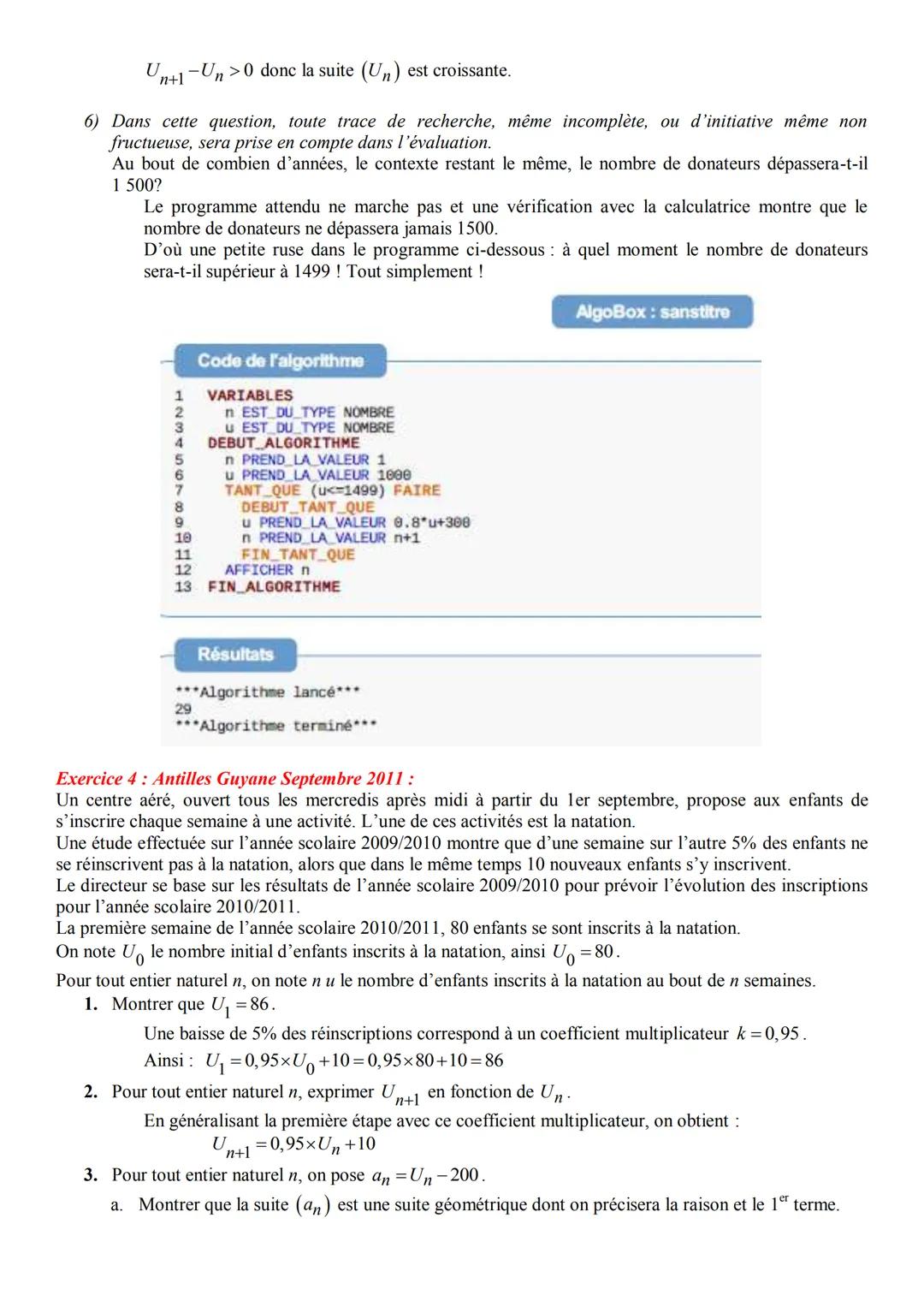 # Notre Dame de La Merci
Exercices sur les suites arithmético-géométriques - CORRIGES en deuxième partie
Exercice 1:
Dans un pays, un orga