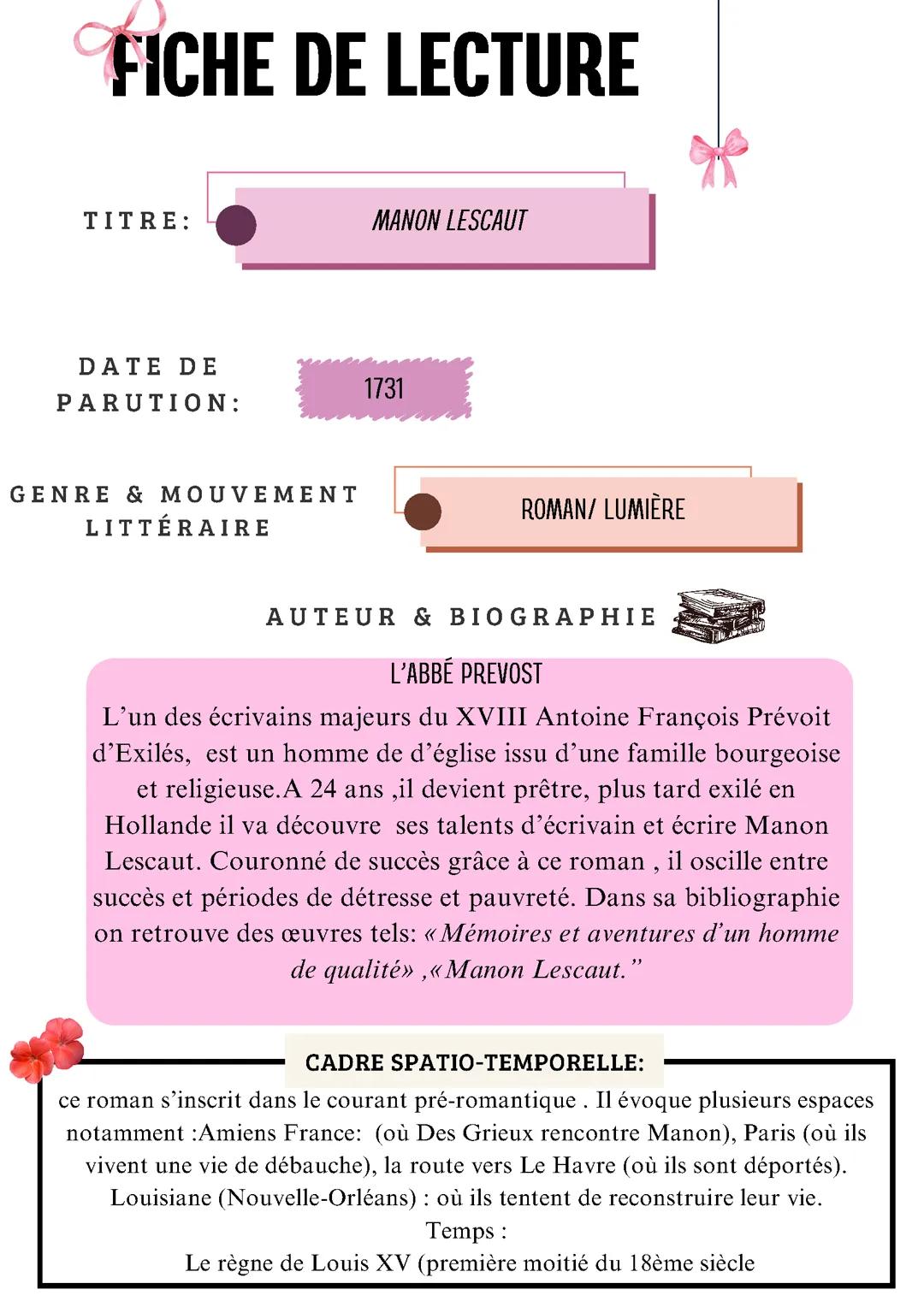 Fiche de lecture sur Manon Lescaut