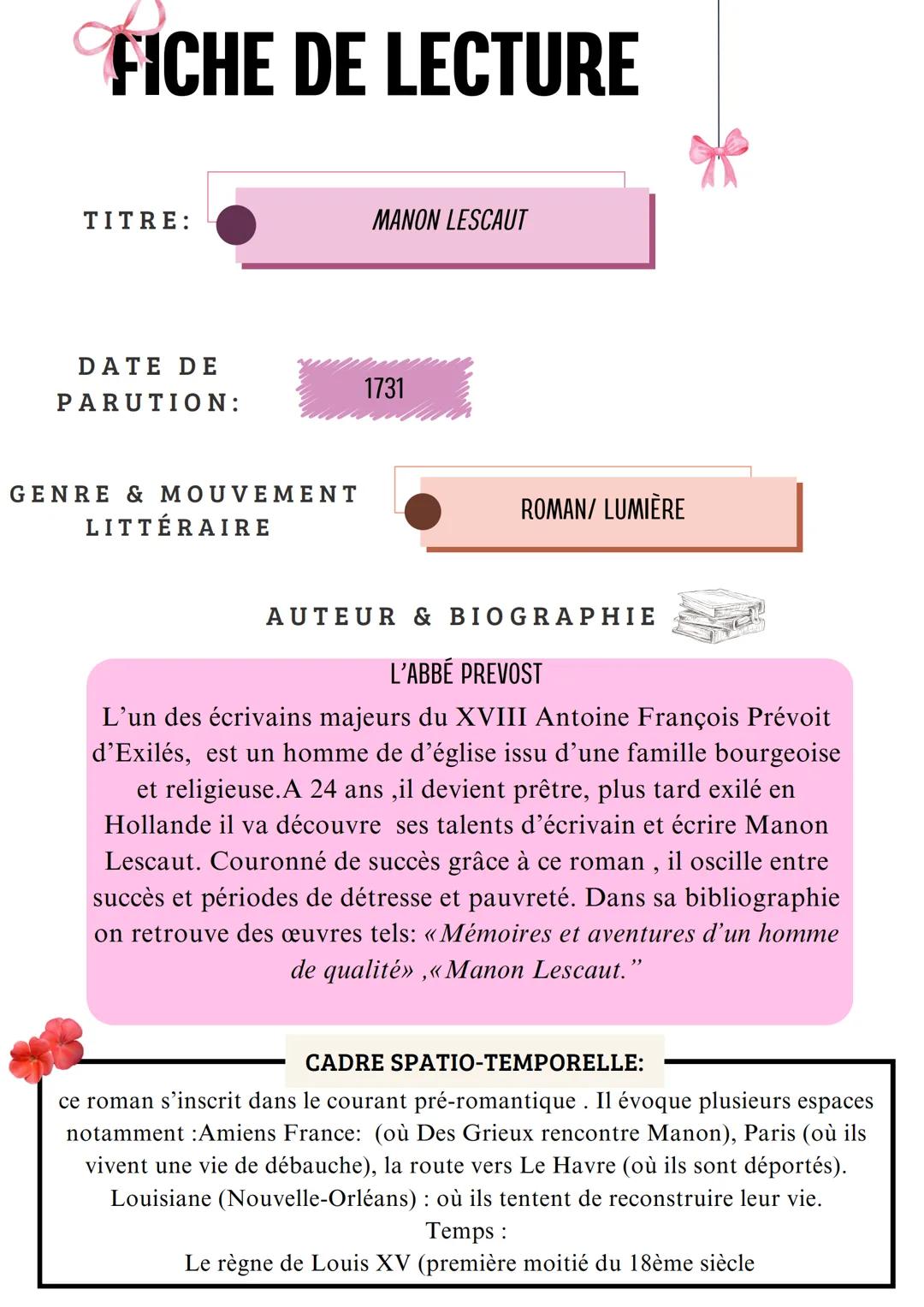 --- OCR Start ---
FICHE DE LECTURE
TITRE:
MANON LESCAUT
DATE DE
1731
PARUTION:
GENRE & MOUVEMENT
LITTÉRAIRE
ROMAN/ LUMIÈRE
AUTEUR & BIOGRAPH