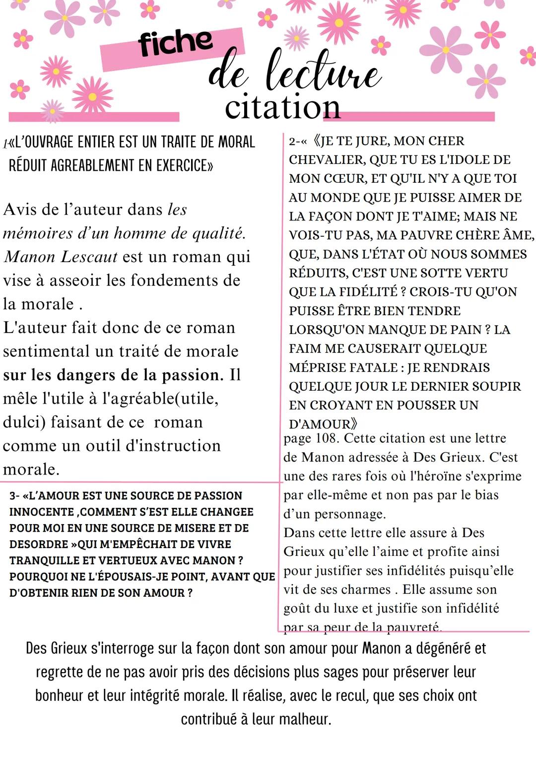 --- OCR Start ---
FICHE DE LECTURE
TITRE:
MANON LESCAUT
DATE DE
1731
PARUTION:
GENRE & MOUVEMENT
LITTÉRAIRE
ROMAN/ LUMIÈRE
AUTEUR & BIOGRAPH