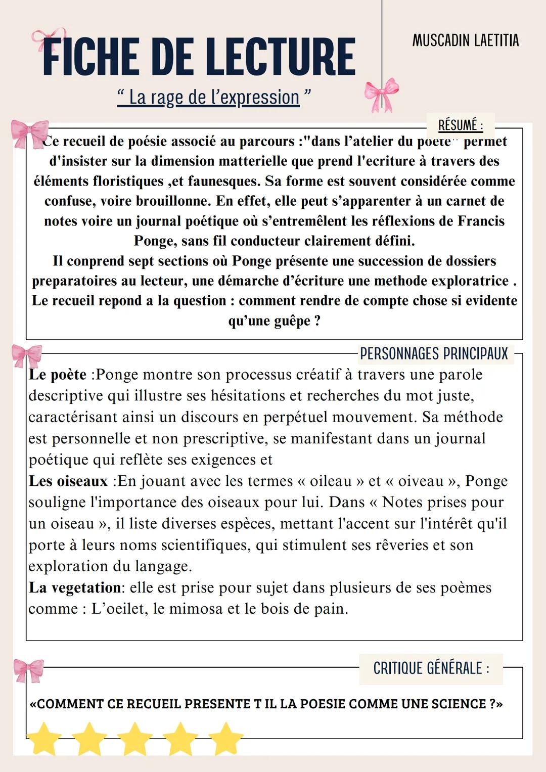 --- OCR Start ---
FICHE DE LECTURE
TITRE:
La rage de l'expression
DATE DE
PARUTION:
1952
GENRE & MOUVEMENT
LITTÉRAIRE
Poësie /Aucun
MUSCADIN