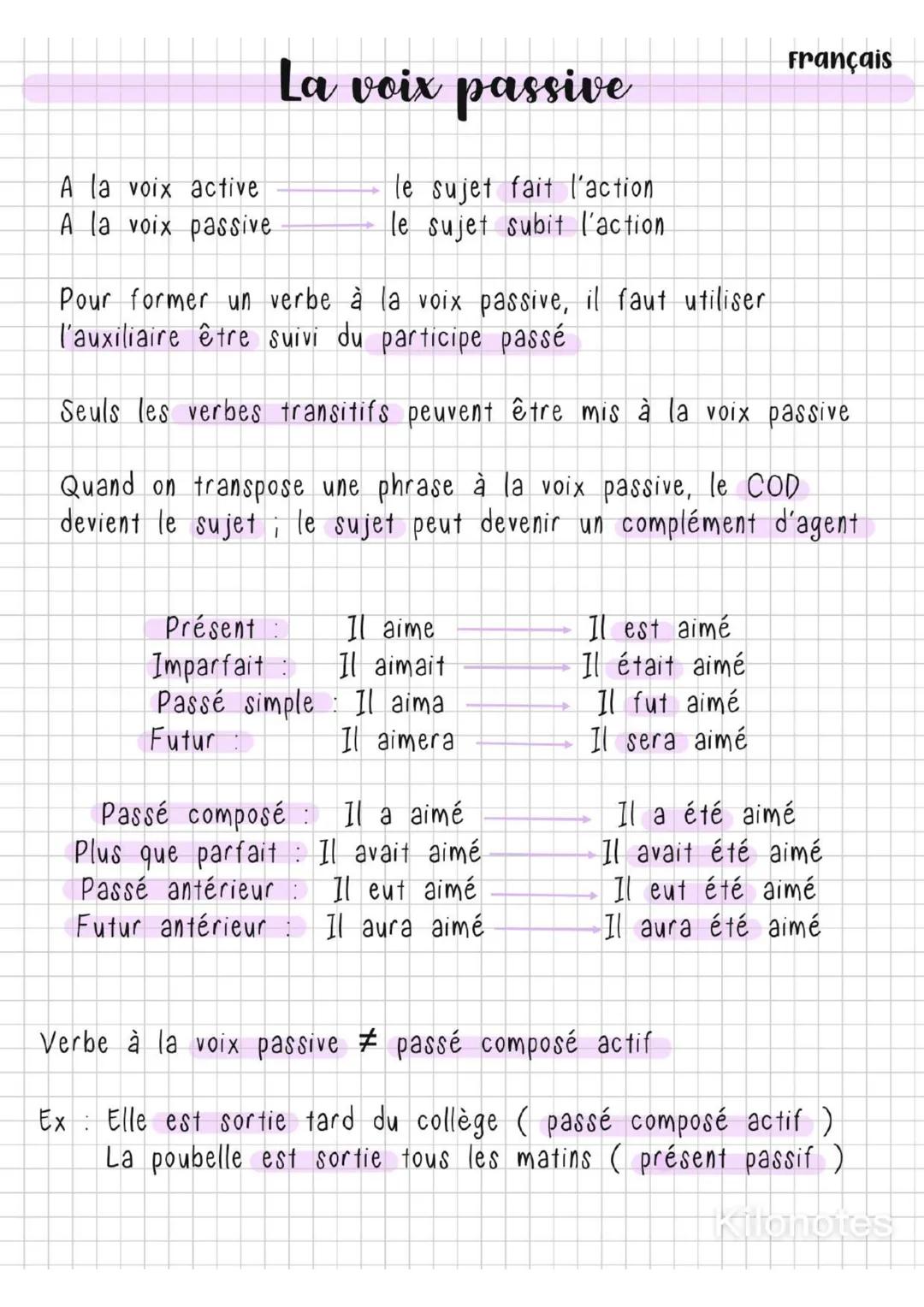 # La voix passive
A la voix active $\longrightarrow$ le sujet fait l'action
A la voix passive $\longrightarrow$ le sujet subit l'action
Po