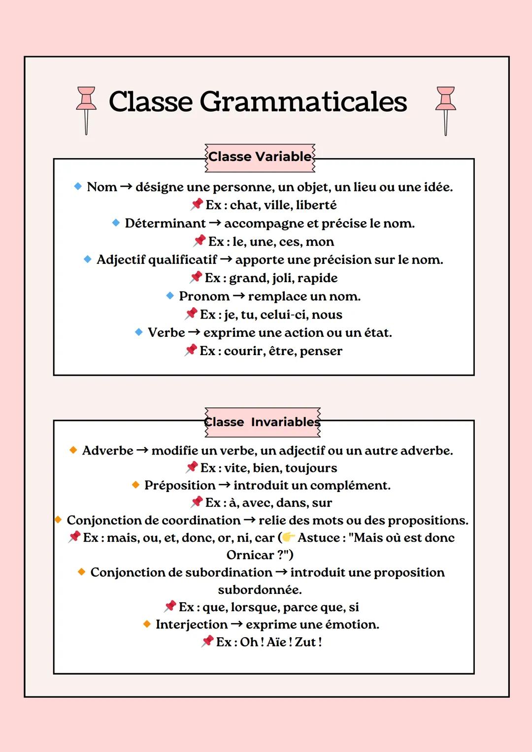 # Classe Grammaticales
## Classe Variable
- Nom → désigne une personne, un objet, un lieu ou une idée.
- Ex : chat, ville, liberté
- Dét