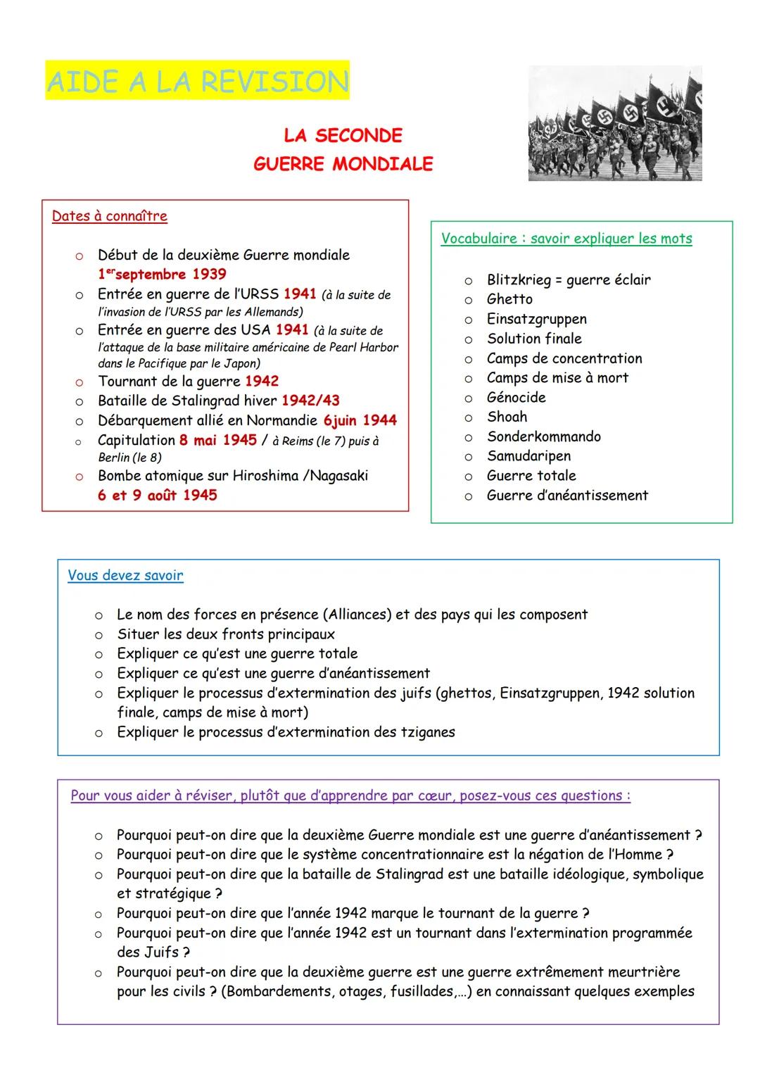# AIDE A LA REVISION
LA SECONDE
GUERRE MONDIALE
Dates à connaître
• Début de la deuxième Guerre mondiale
1 septembre 1939
• Entrée en gue