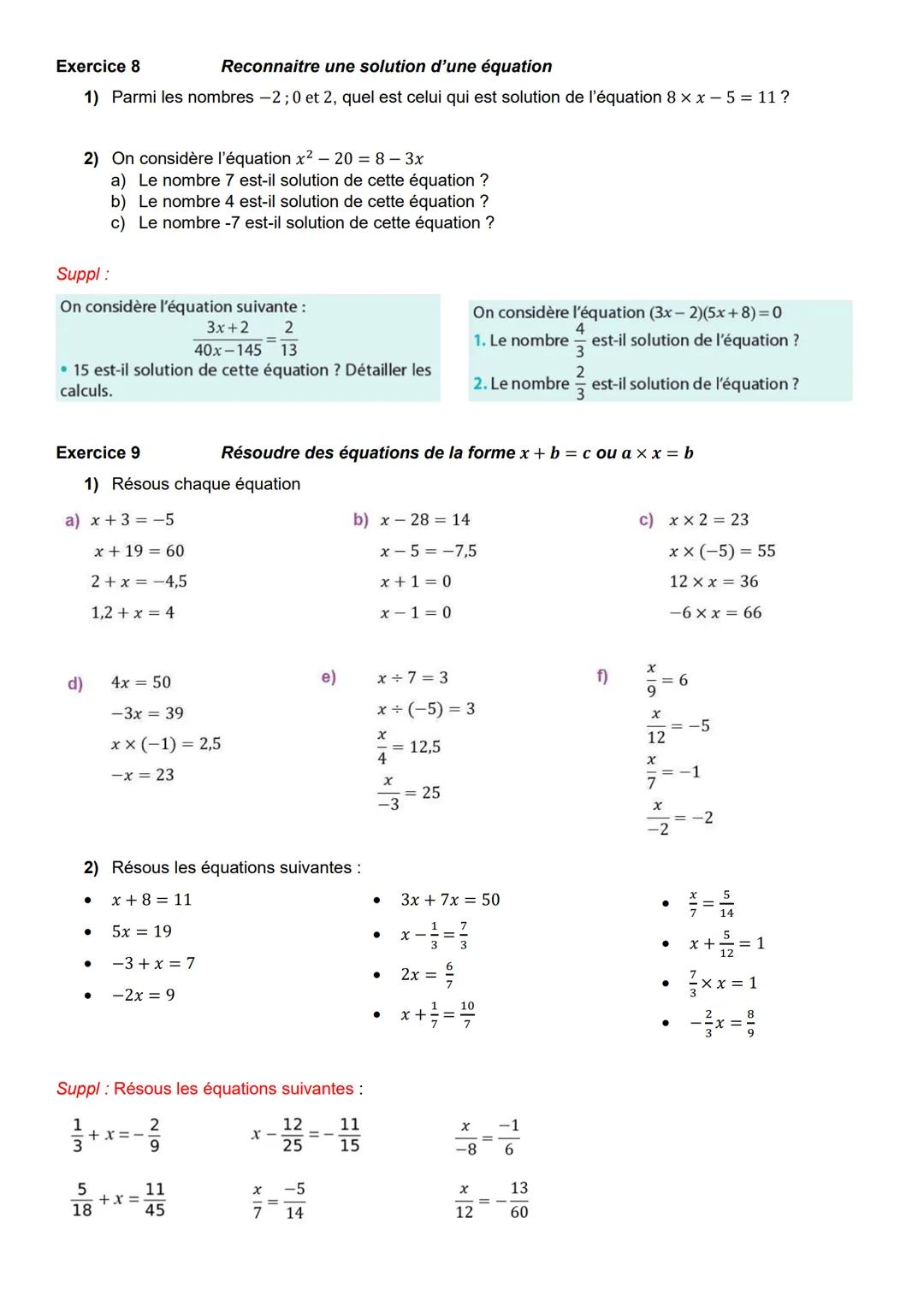 --- OCR Start ---
Exercice 1
Fiche d'exercices
Calcul littéral 2^{\delta mo} partie :
Factorisations simples et équations du premier degré
S