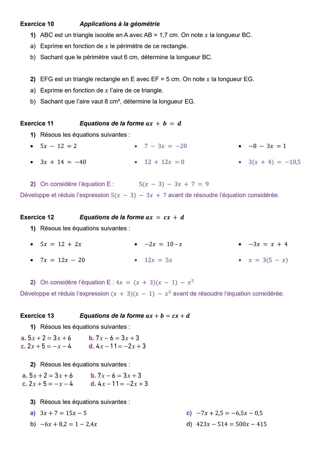 --- OCR Start ---
Exercice 1
Fiche d'exercices
Calcul littéral 2^{\delta mo} partie :
Factorisations simples et équations du premier degré
S