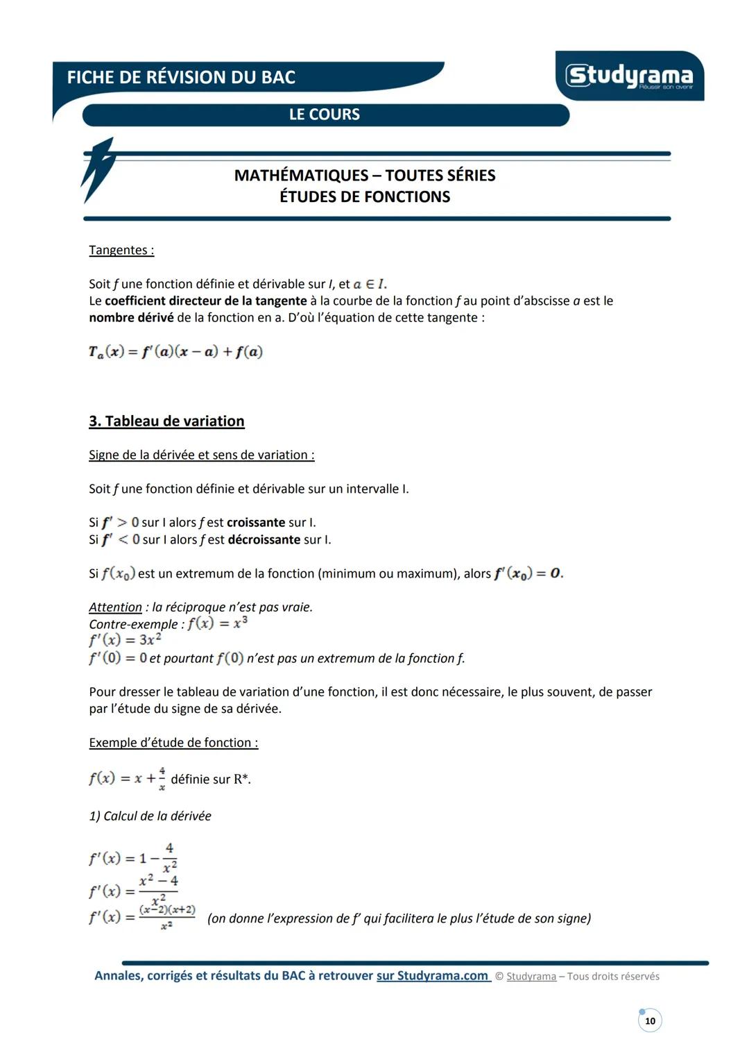 # FICHE DE RÉVISION DU BAC
LE COURS
# MATHÉMATIQUES - TOUTES SÉRIES
## ÉTUDES DE FONCTIONS
Note liminaire
Programme selon les sections: