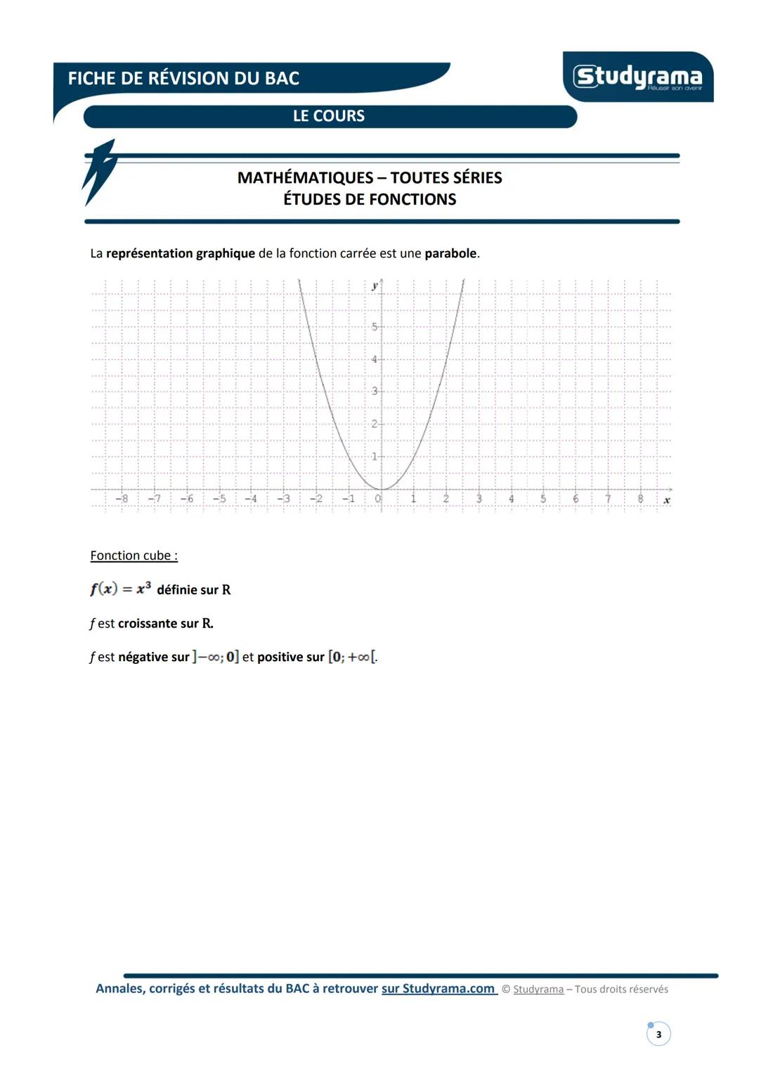 # FICHE DE RÉVISION DU BAC
LE COURS
# MATHÉMATIQUES - TOUTES SÉRIES
## ÉTUDES DE FONCTIONS
Note liminaire
Programme selon les sections: