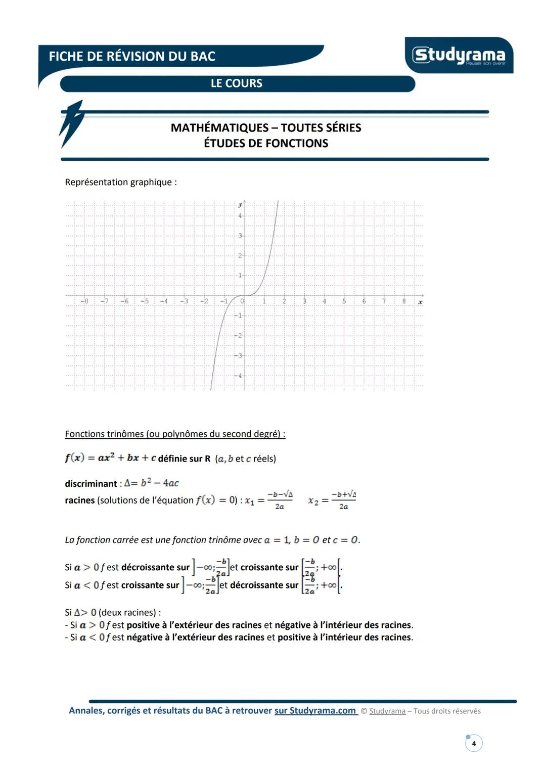# FICHE DE RÉVISION DU BAC
LE COURS
# MATHÉMATIQUES - TOUTES SÉRIES
## ÉTUDES DE FONCTIONS
Note liminaire
Programme selon les sections: