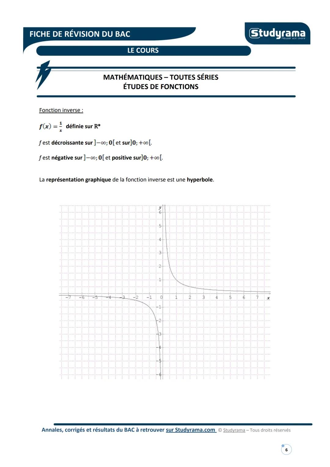 # FICHE DE RÉVISION DU BAC
LE COURS
# MATHÉMATIQUES - TOUTES SÉRIES
## ÉTUDES DE FONCTIONS
Note liminaire
Programme selon les sections:
