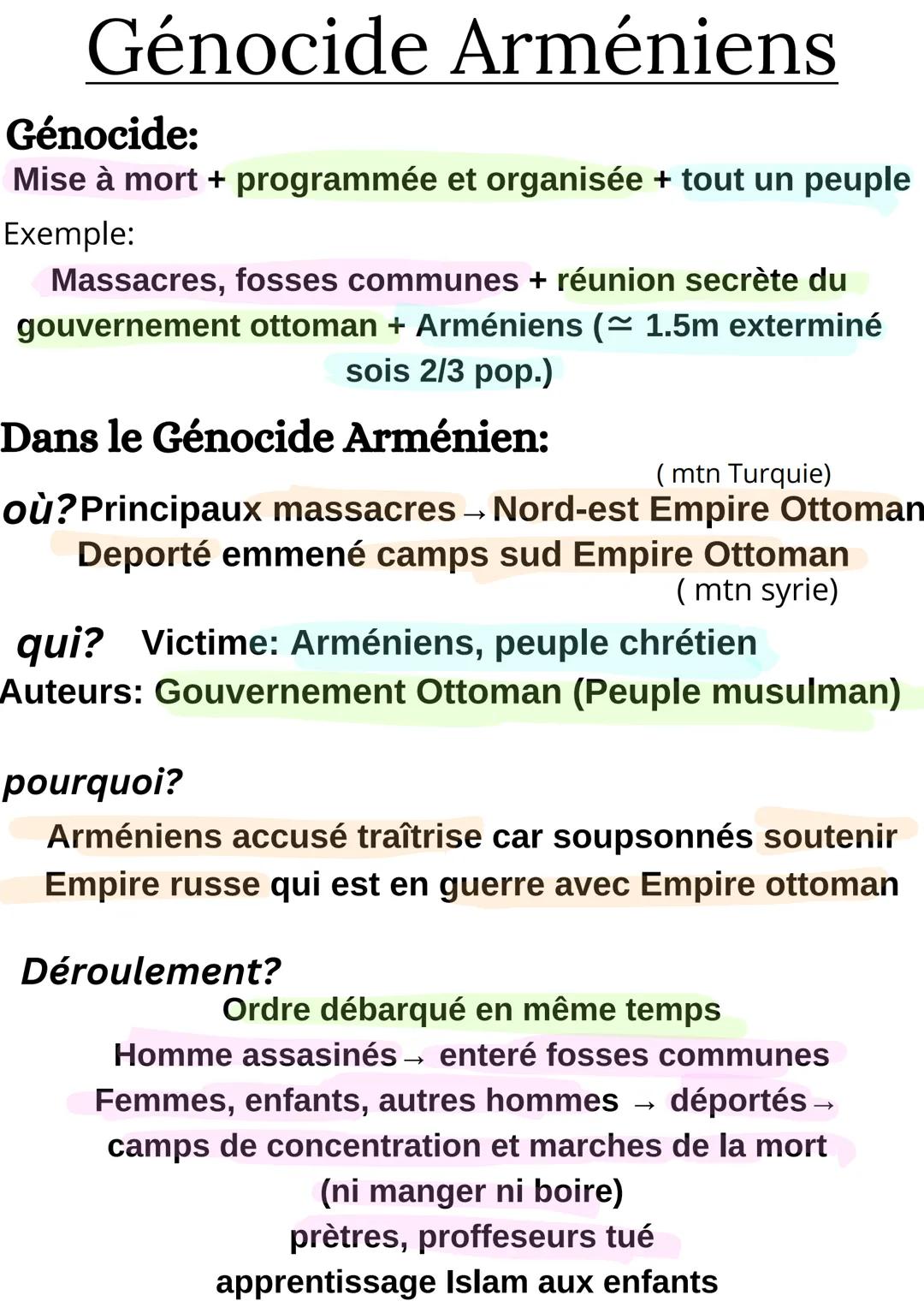 --- OCR Start ---
Génocide Arméniens
Génocide:
Mise à mort + programmée et organisée + tout un peuple
Exemple:
Massacres, fosses communes +