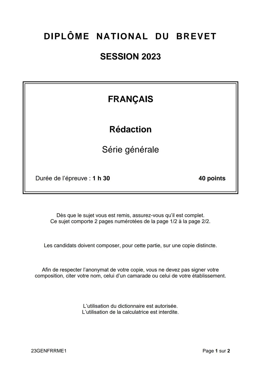 # DIPLÔME NATIONAL DU BREVET
# SESSION 2023
# FRANÇAIS
Dictée
Série générale
Durée de l'épreuve : 20 min	10 points
Rappel : le candida