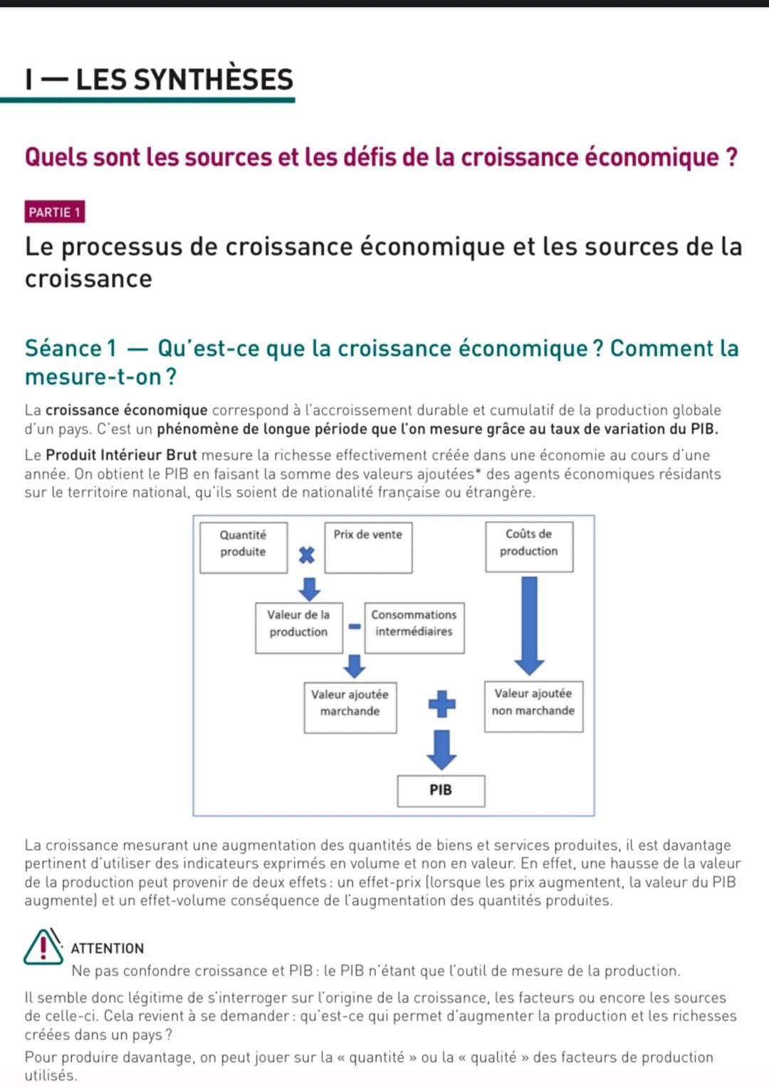# I - LES SYNTHÈSES
Quels sont les sources et les défis de la croissance économique ?
PARTIE 1
Le processus de croissance économique et l