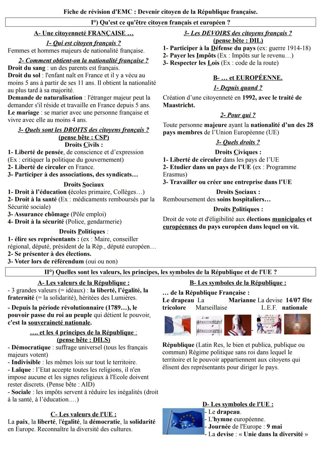 Fiche de révisions EMC citoyenneté