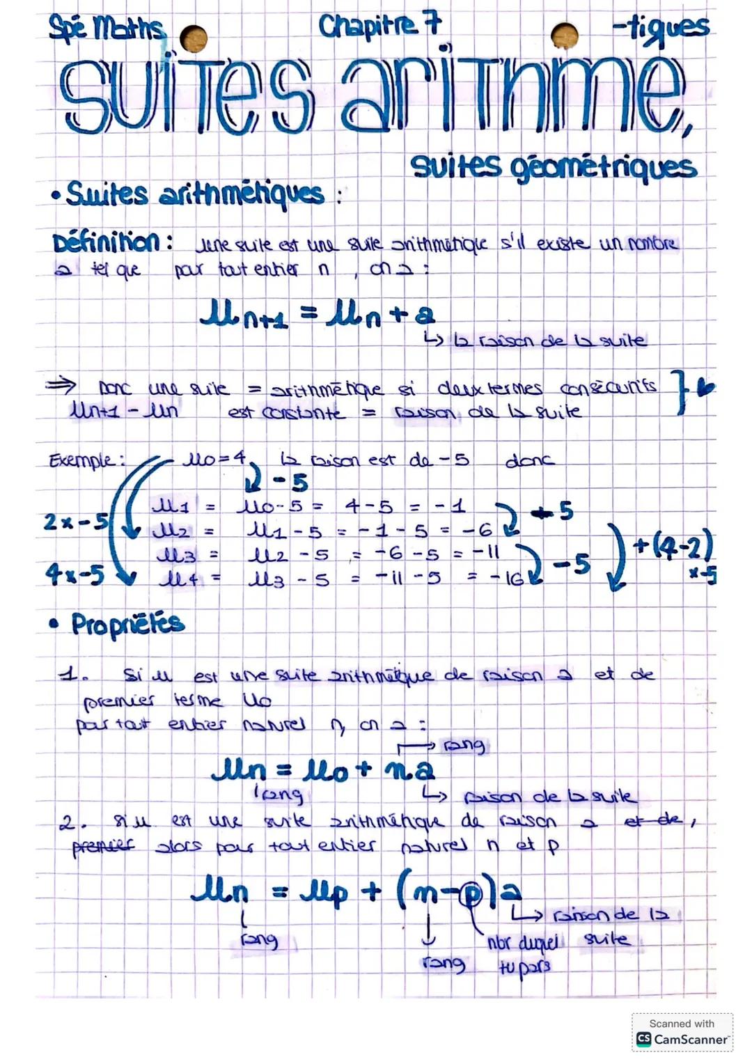 --- OCR Start ---
Spe Maths
Chapitre 7
-tiques
Suites arithme,
Suites géométriques
• Suites arithmétiques:
Définition: une sulle est une sul