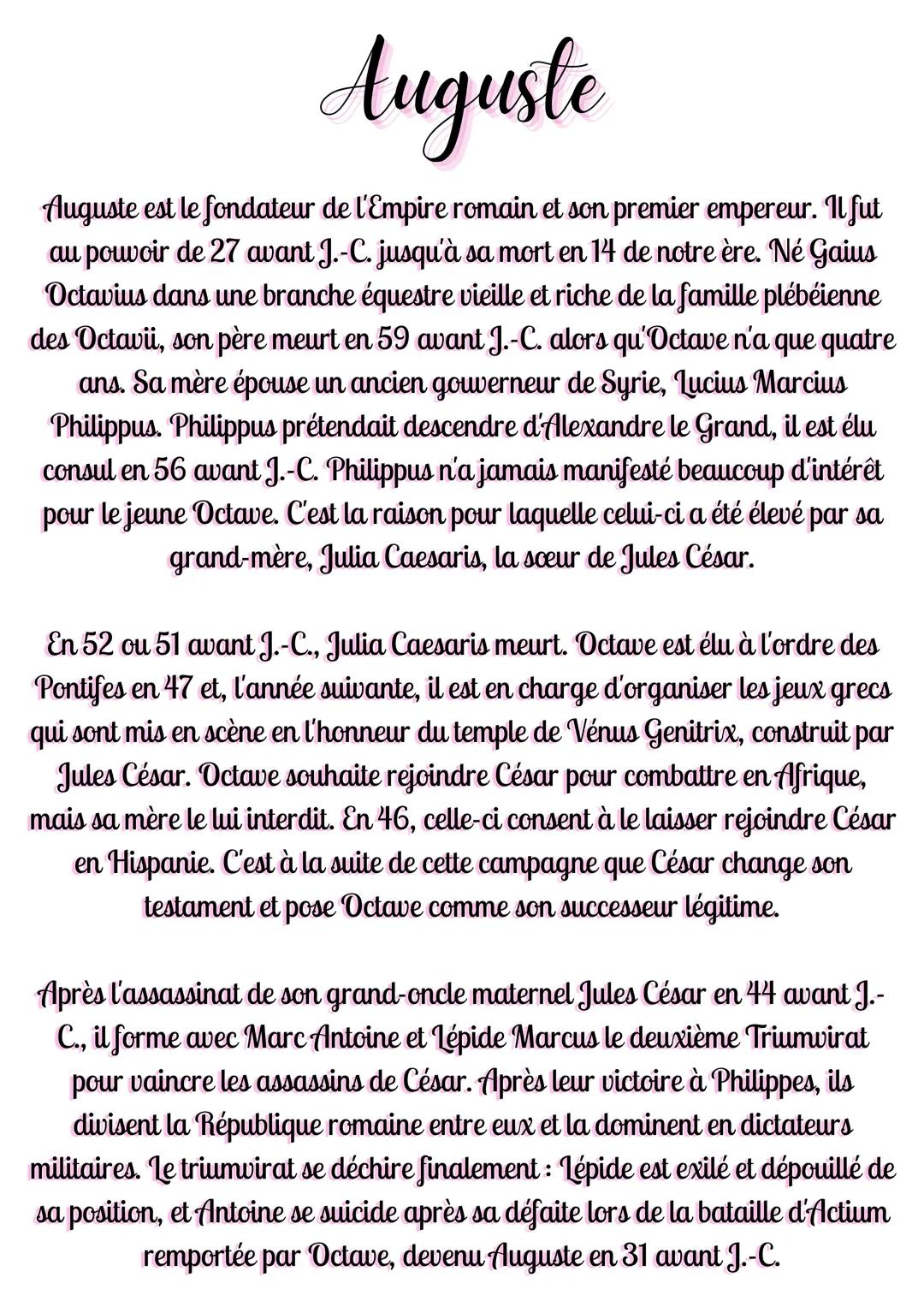 # Auguste
Auguste est le fondateur de l'Empire romain et son premier empereur. Il fut
au pouvoir de 27 avant J.-C. jusqu'à sa mort en 14 de